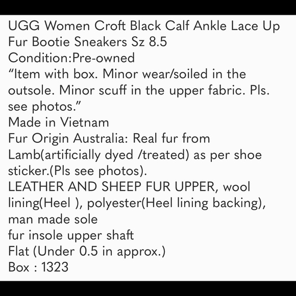 UGG Croft Black Calf Ankle Lace Up Fur Bootie 8.5 - Picture 8 of 8